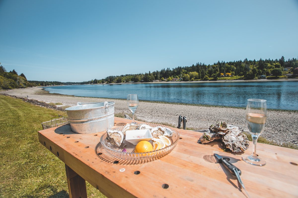 Oysters and champagne on a wooden table overlooking Hood Canal