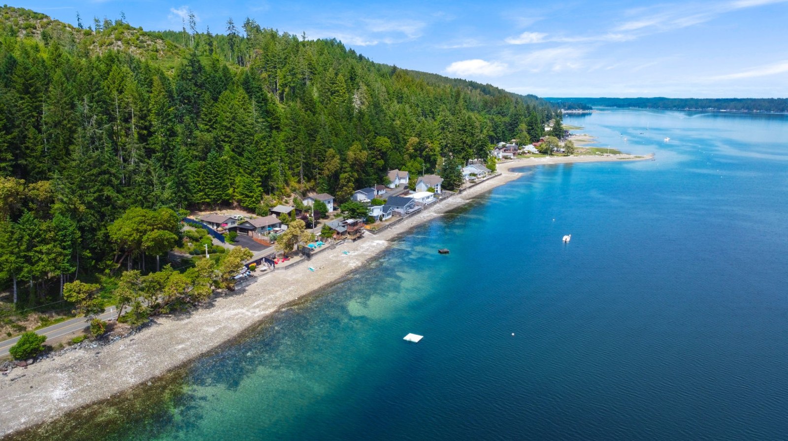 Aerial view of the waterfront community at Allyn, Washington on Hood Canal
