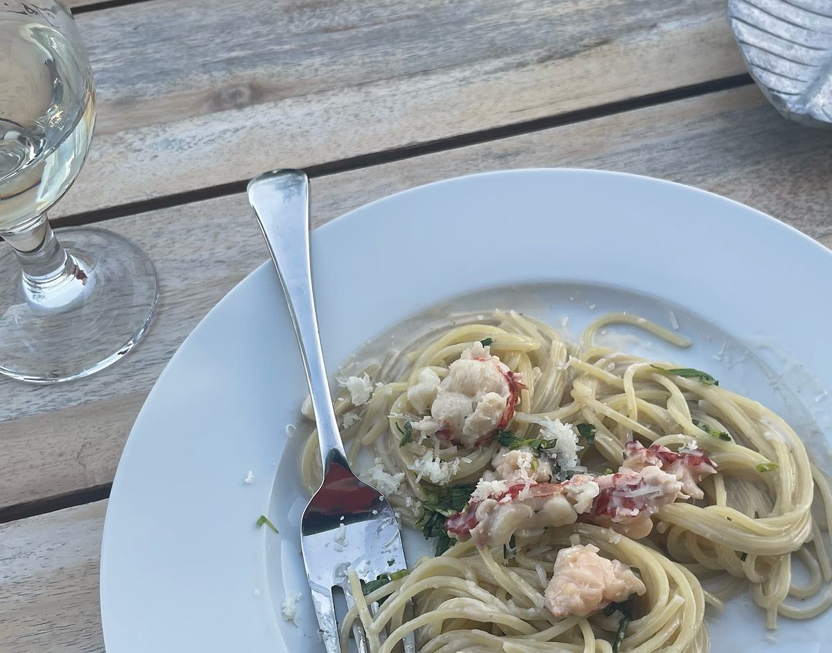 Fresh seafood pasta with white wine — spring dining on Hood Canal, Olympic Peninsula
